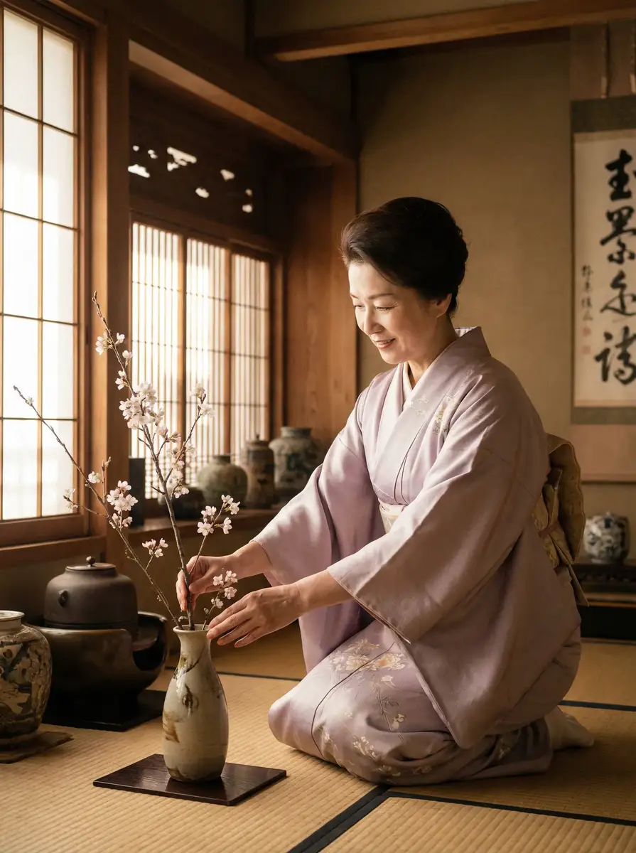 一位优雅的 6T体育平台 在和室中插花